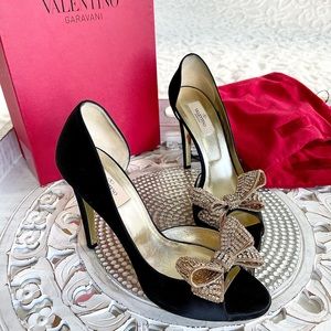 VALENTINO Couture Crystal Bow Black Satin Heels